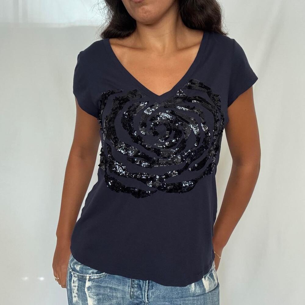 Express navy blue v neck sequin rose tee
